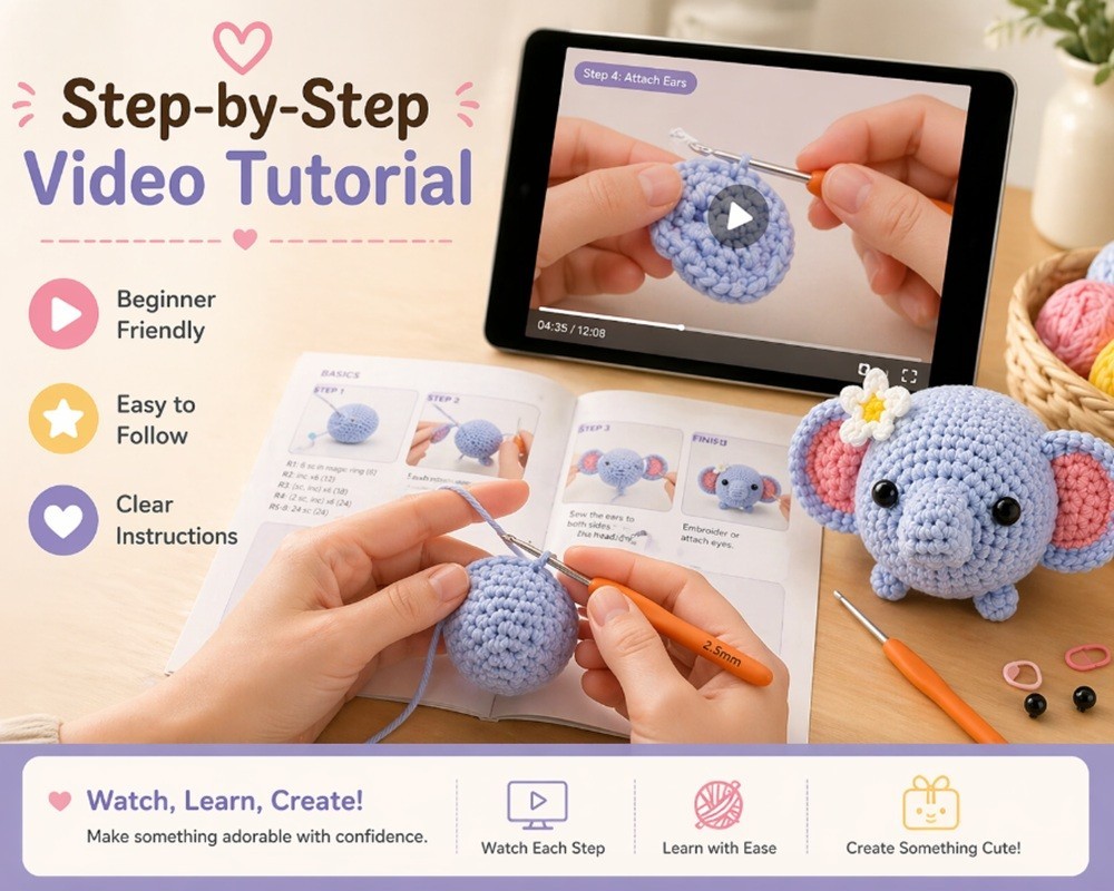 Elephant Crochet Kit for Beginners Amigurumi DIY Set with Video Tutorial