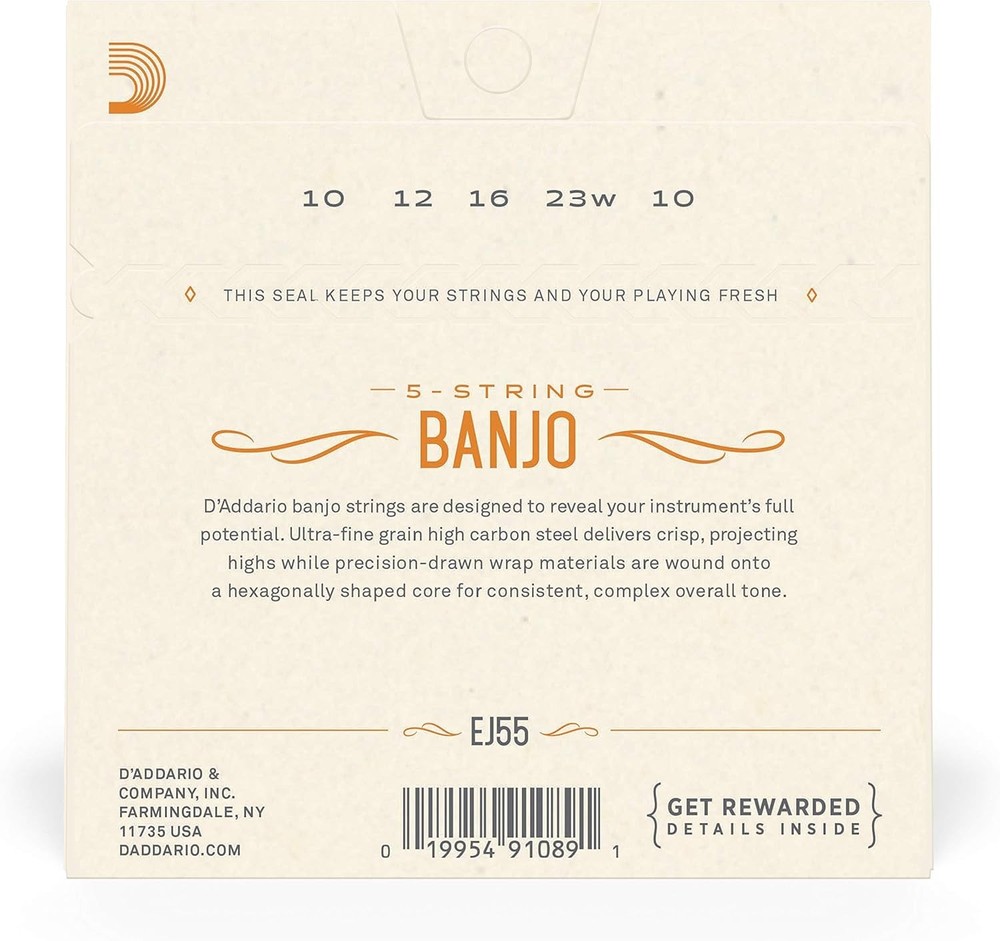 EJ55 Phosphor Bronze Banjo Strings - Medium 9-30, 5 String Set for Warm Tone