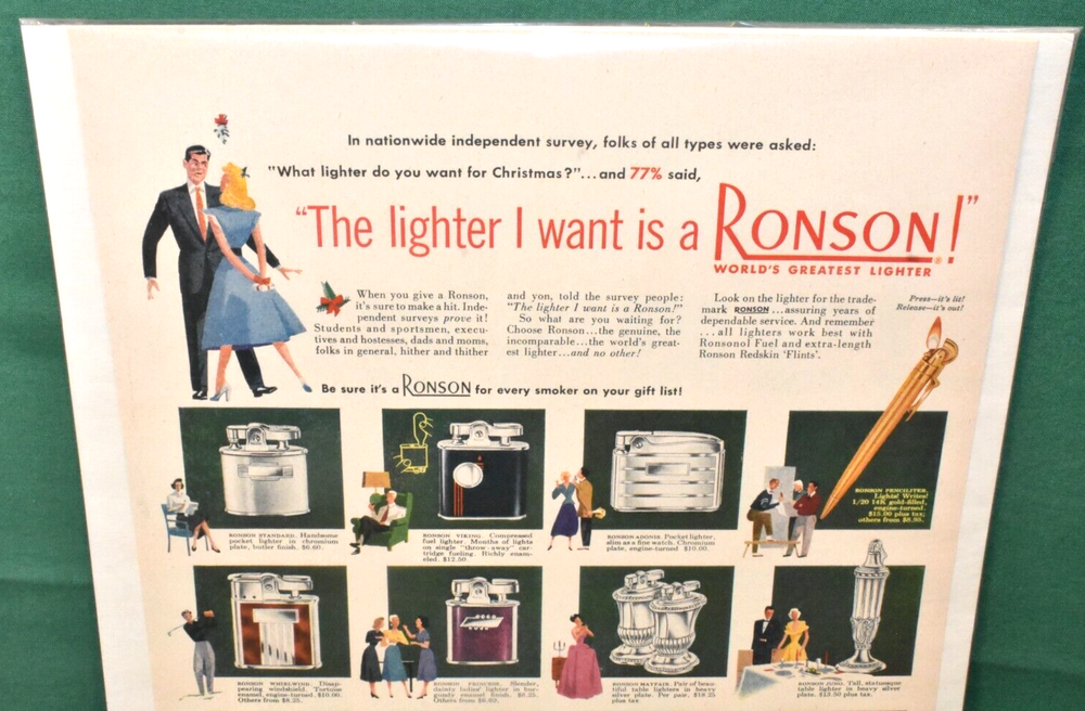 Ronson Lighter Advertisement from the 1950's featuring All Lighters w/ Pricing