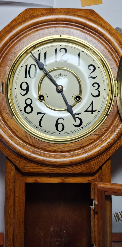 Functioning Vintage DEA Schoolhouse Regulator Wall Clock chiming with pendulum