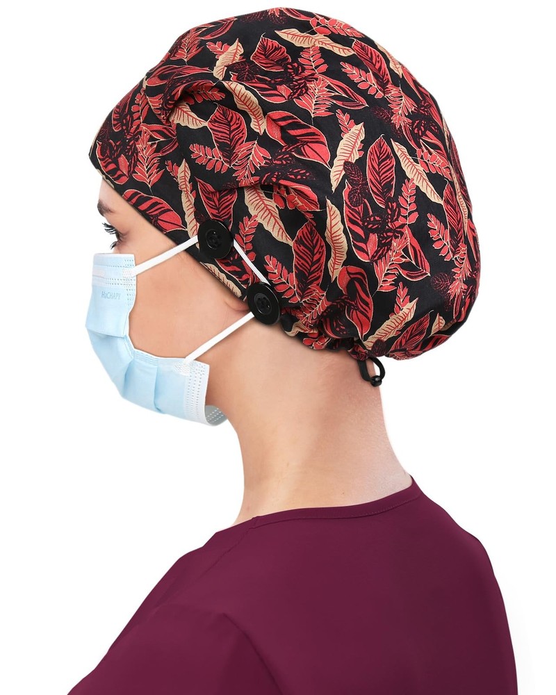 Satin Lined Bouffant Scrub Nurse Cap with 4 Buttons Sweatband Adjustable