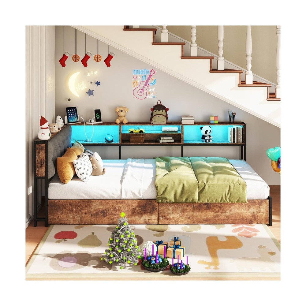 Twin Corner Bed Frame with Storage Bookcase and LED Lights, Twin Size Daybed ...