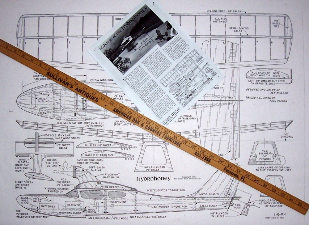 HYDROHONEY PLAN + Willard's CONSTRUCTION ARTICLE for 28" 2-ch RC Model Airplane