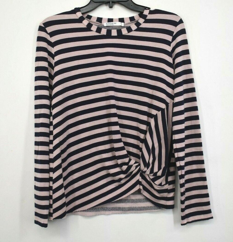 Stateside Women Stripe Print Crew Neck Long Sleeve Stretch Front Twist Pullover