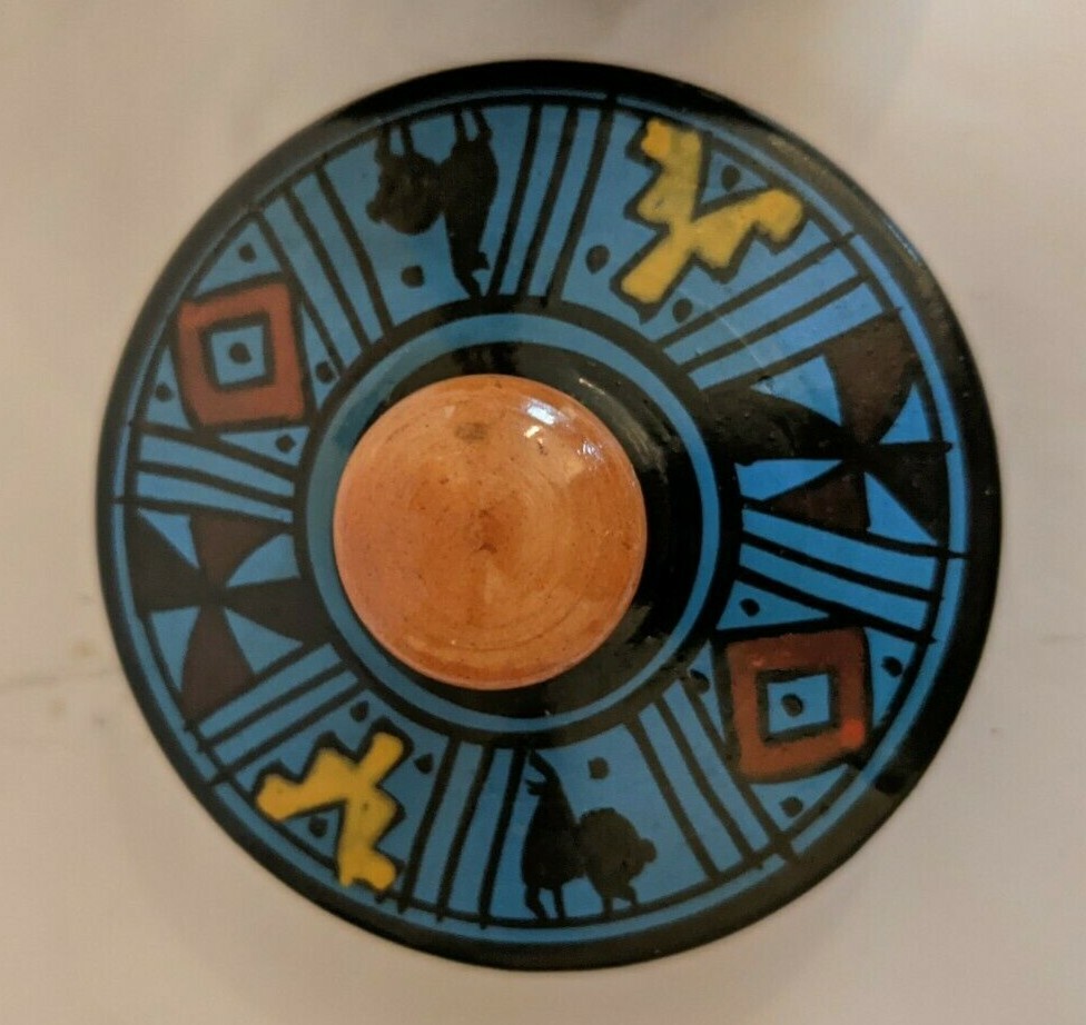 Bright Color Tiny Lidded Hand Painted Fired Clay Jar Southwestern 