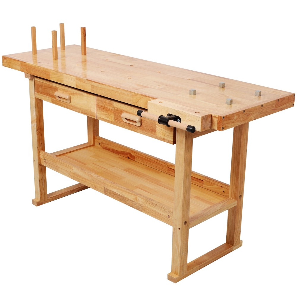 60" Rubberwood Workbench with 2 Drawers & Shelf for Garage & Workshop