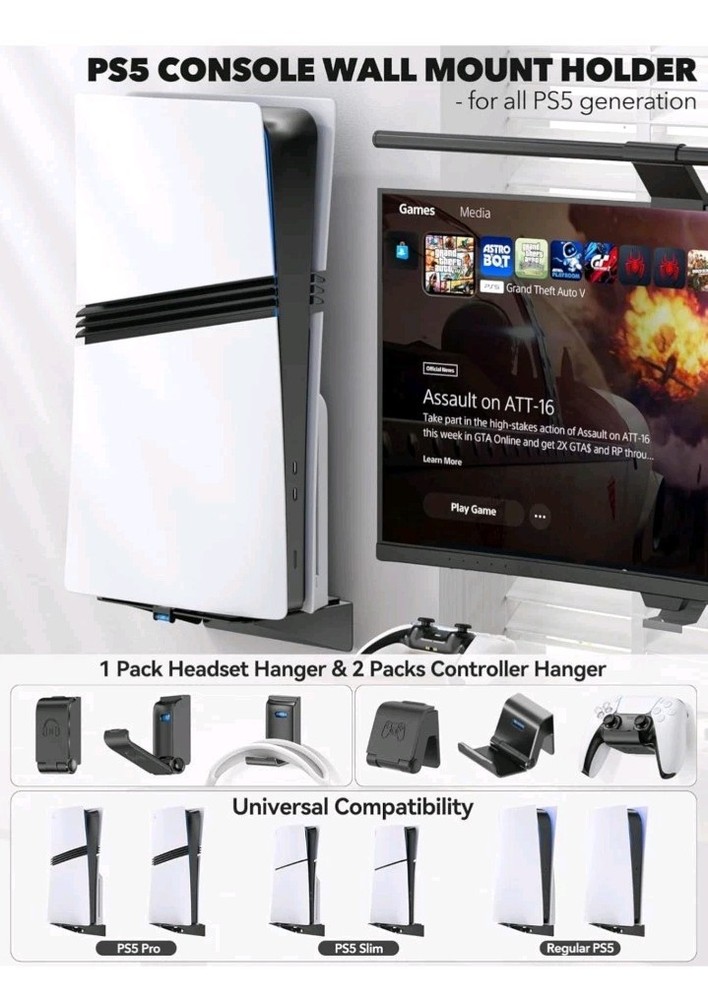 PlayStation 5 Wall Mount With Controller And Headphone Hanger