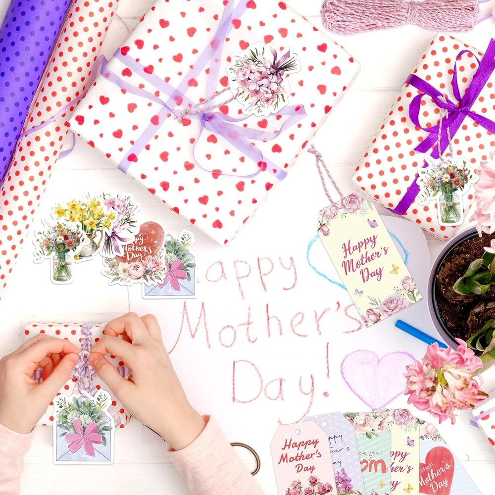 Personalized Floral Gift Tags for Mother's Day - 100 Durable Paper Tags & String
