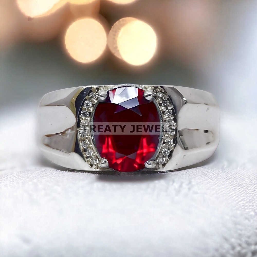 Ruby Oval Cut Gemstone With 14K Solid White Gold Ring For Men's #A40