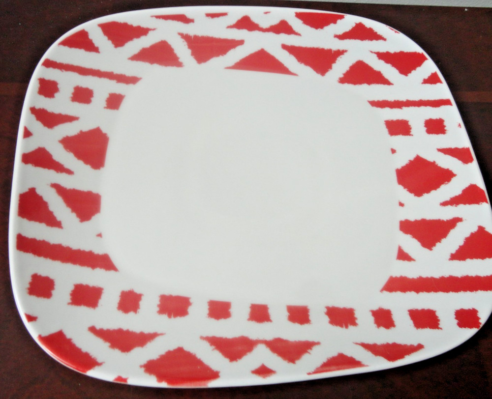 OXFORD PORCELAIN BRAZIL RED ABSTRACT BORDER RECTANGULAR SERVING PLATTER 11.5X10"
