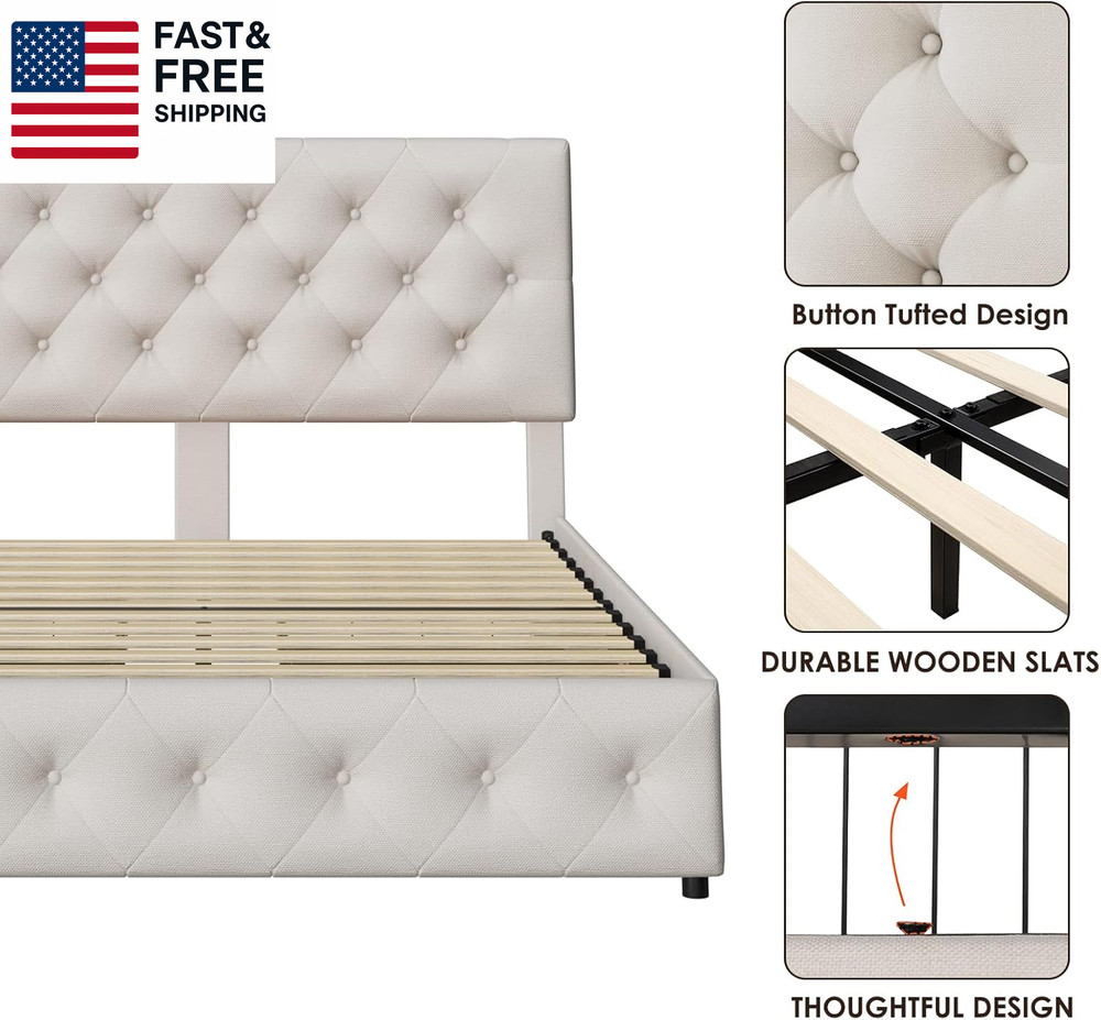 Queen Bed Frame with 4 Storage Drawers and Adjustable Headboard, Upholstered Pla