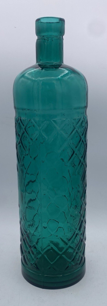 Vintage Green Glass Bottle w/Diamond Pattern MCM