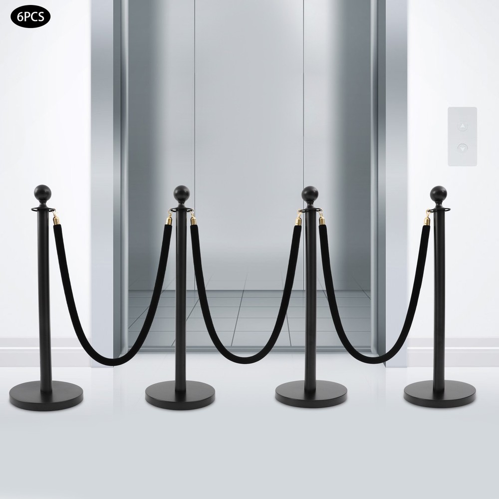 6 PCS Black Stanchion Posts Queue Pole w/ 4 1.5M Ropes Crowd Control Barrier NEW