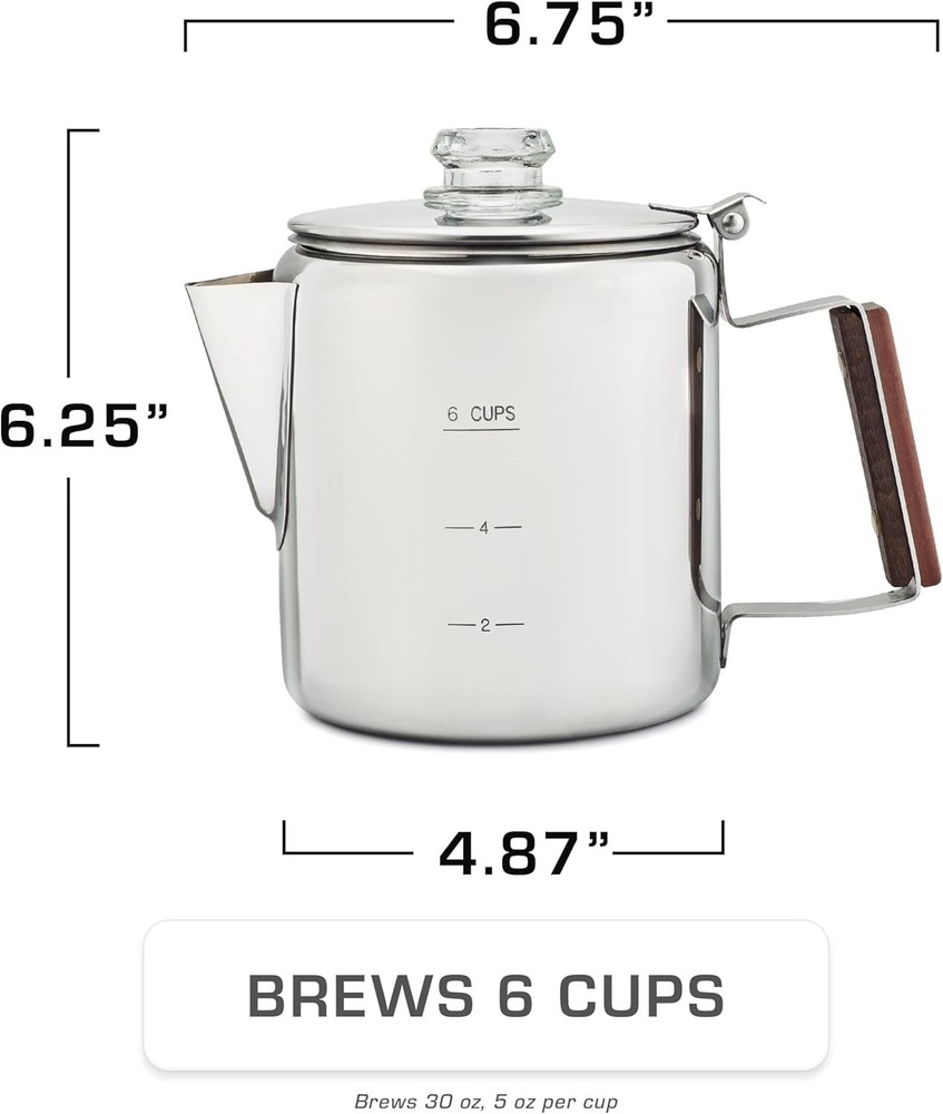 Bozeman Percolator Coffee Pot — NO Aluminum or Plastic [6 cup]