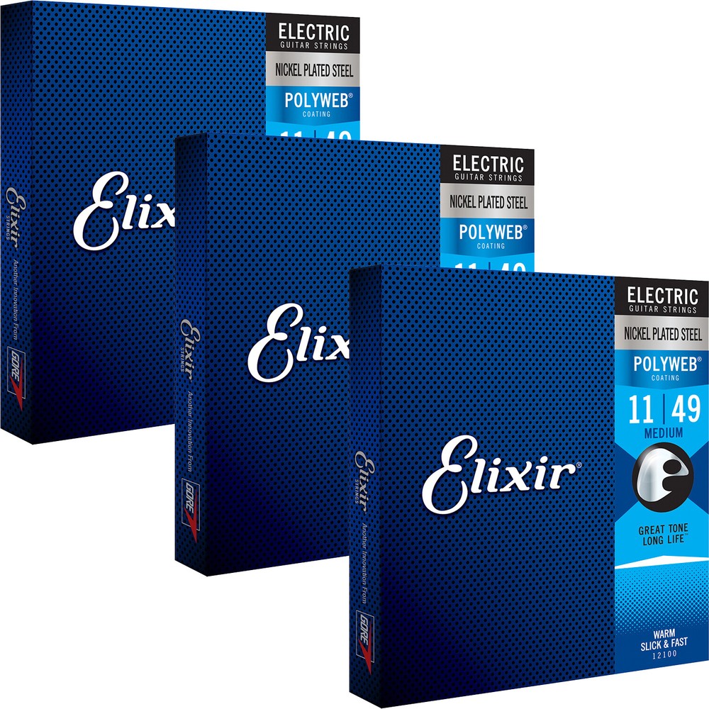 3 Sets Elixir 12100 POLYWEB Electric Guitar Strings, Medium 11-49