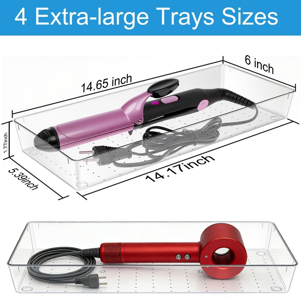 4 Pcs Extra Large Clear Plastic Drawer Organizer Trays 15"x6", Multi-Purpose ...