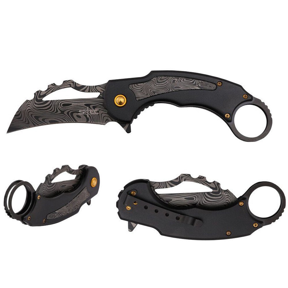 8.5"" Black Aluminum Handle Damascus Pattern Blade Karambit Spring Assisted Fold