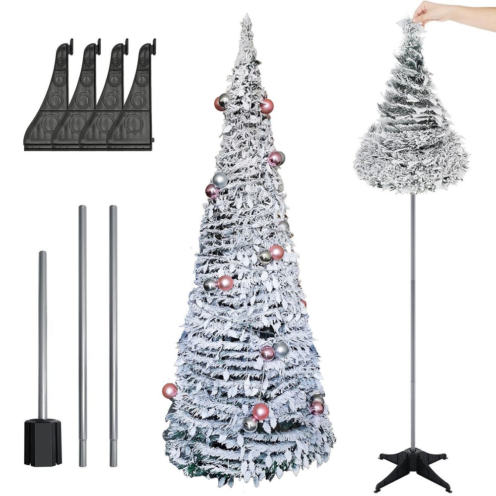 6ft Christmas Tree Foldable Full Tree Pre-Lit Snow Flocked LED String Light Xmas