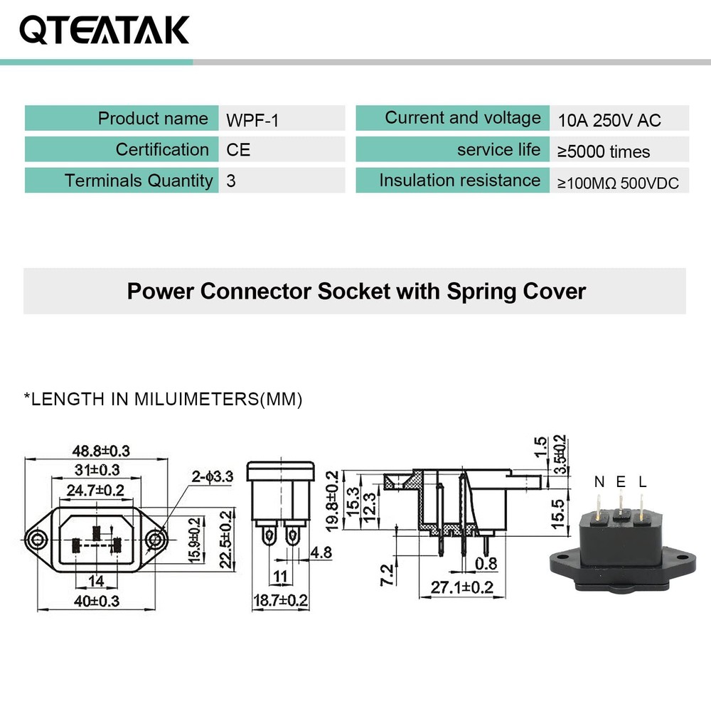 2 Pcs AC 250V 10A IEC 320 C14 Panel Mount Plug Adapter Power Connector Socket wi