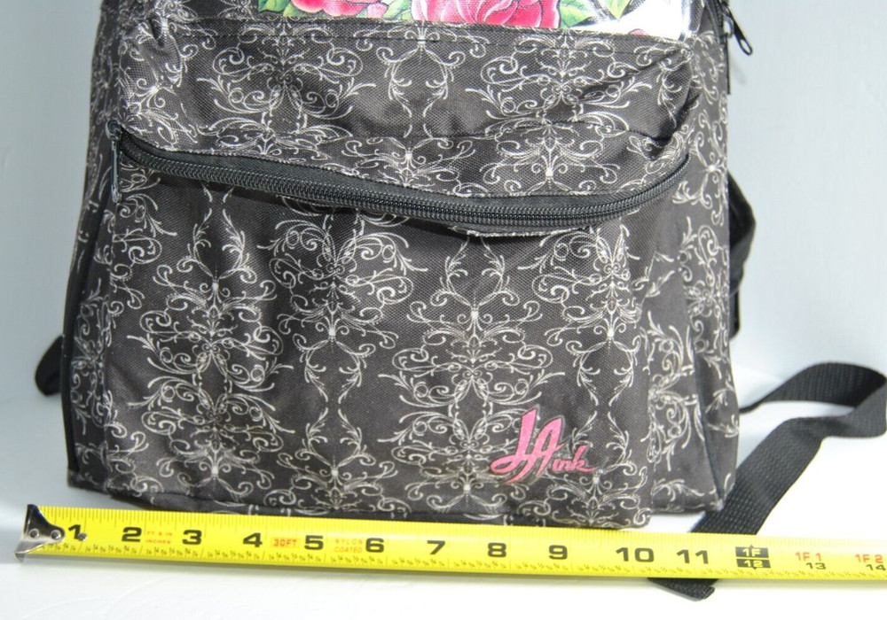 Vintage LA INK Backpack 2012 Black Pattern with Logo Roses Signed 15"