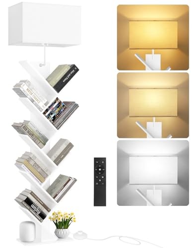 9 Tier Tree Bookshelf with Light, Remote & Timer, Dimmable Tall Floor White