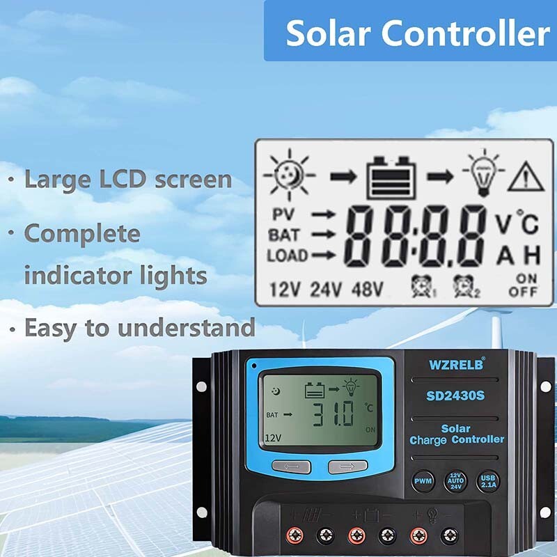 PWM Solar Panel Battery Charge LCD Controller 20A 12V/24VAuto Regulator Dual USB