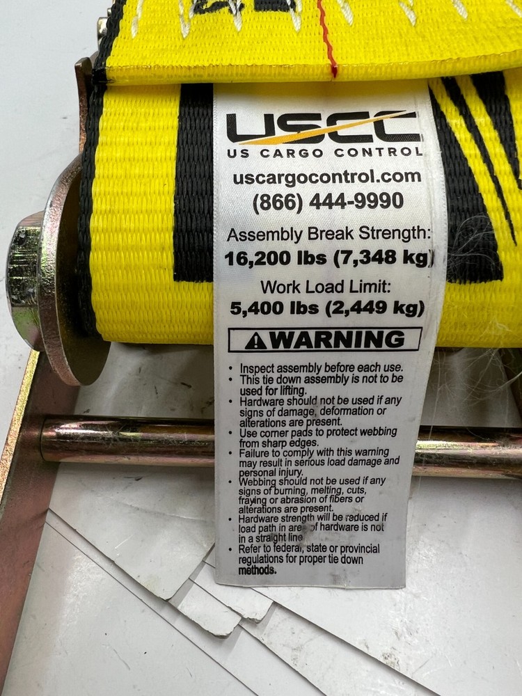 USCC US Cargo Control Ratchet Strap Hook 5400lbs Work Load Limit Yellow