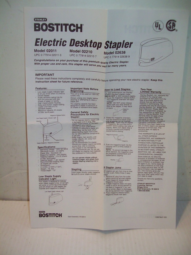 STANLEY BOSTITCH Electric Desktop Stapler Model 02210 NEVER USED EXCELLENT