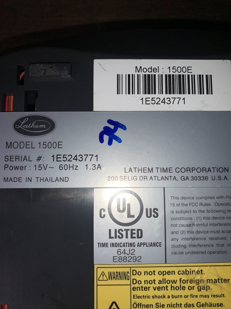 LATHEM 1500E TIME CLOCK **NO POWER CORD