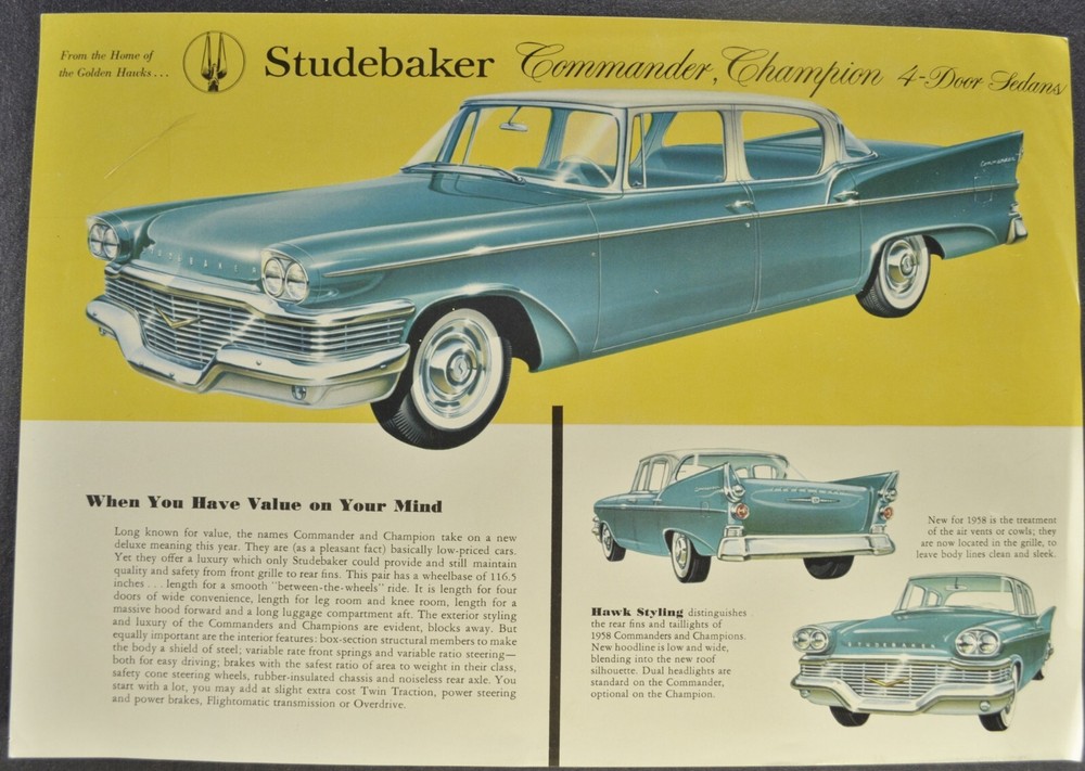 1958 Studebaker Commander Champion Sedan Brochure Sheet Excellent Original 58