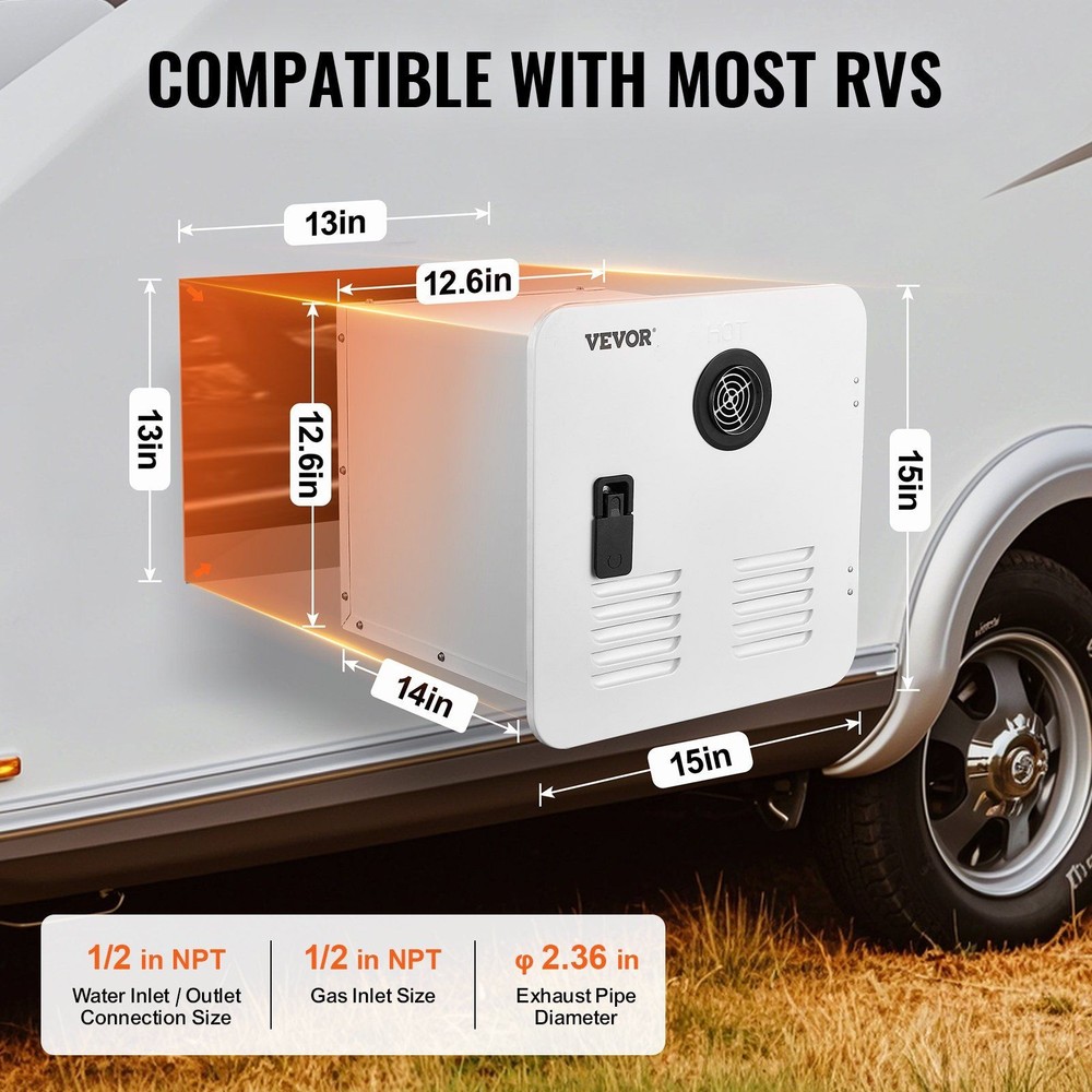 RV Tankless Hot Water Heater 65000BTU 15x15in White Door Safety Protected