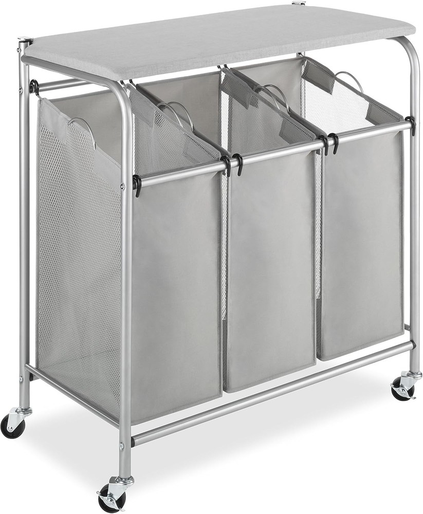3 Section Rolling Laundry Sorter with Ironing Board