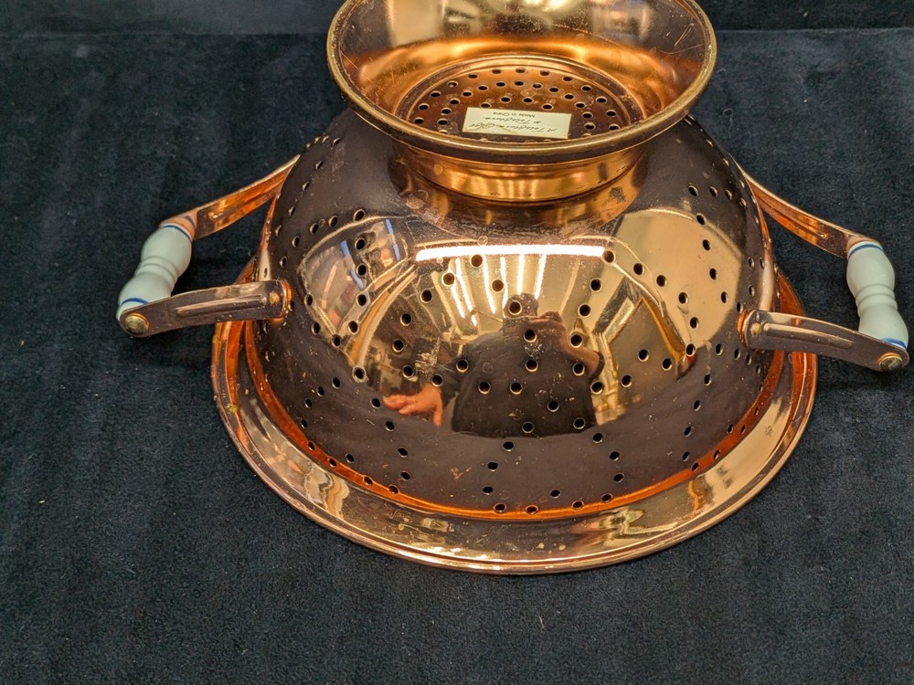 Vintage Copper Colander Hearts Ceramic White Blue Handles