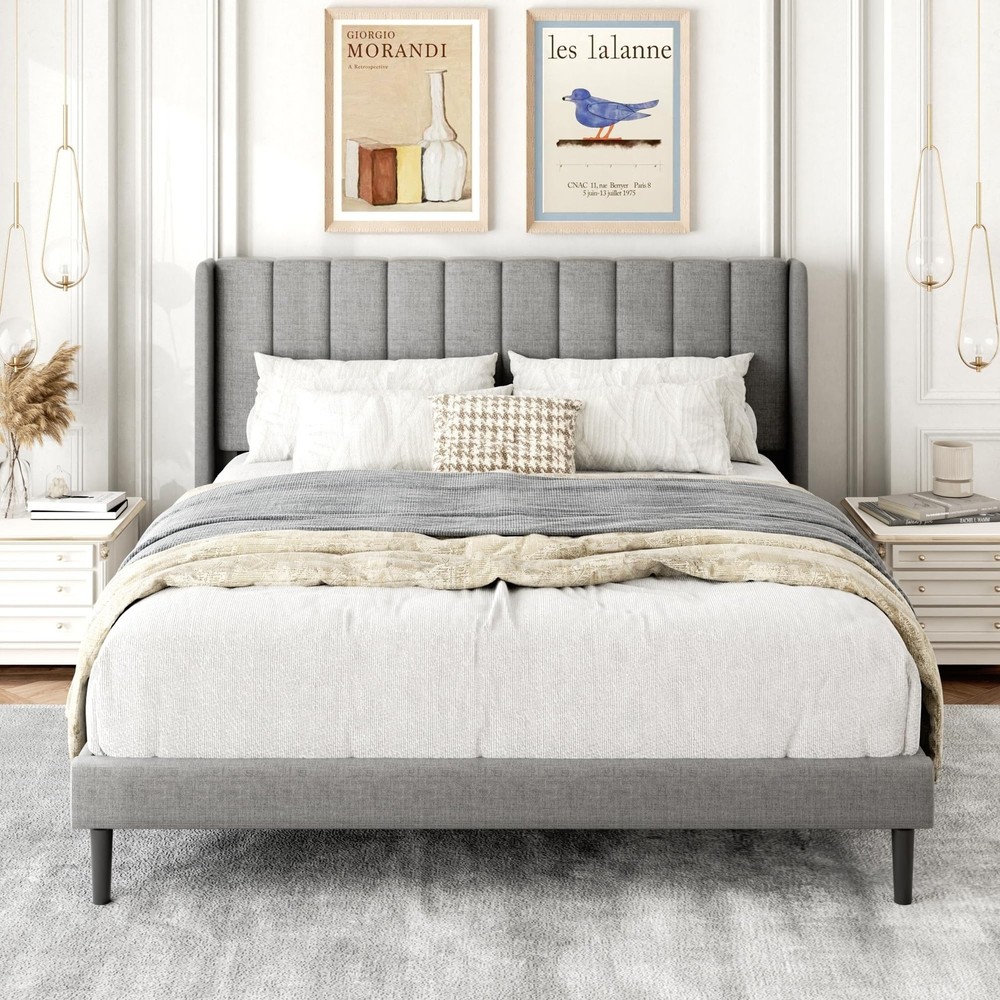 Queen Size Bed Frame with Upholstered Wingback Headboard, Easy Assemnly Platf...