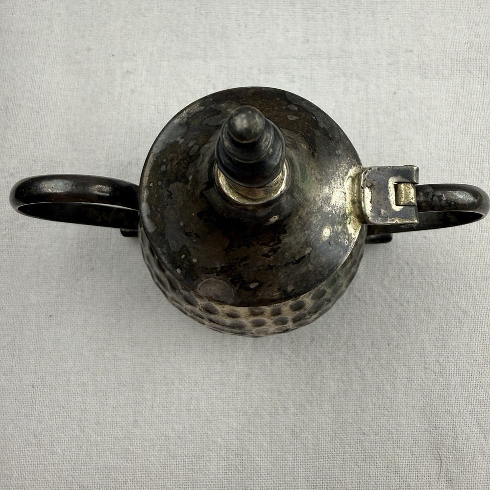 Vintage Hammered Silver Plate Sugar Bowl Hinged Lid Double Handle