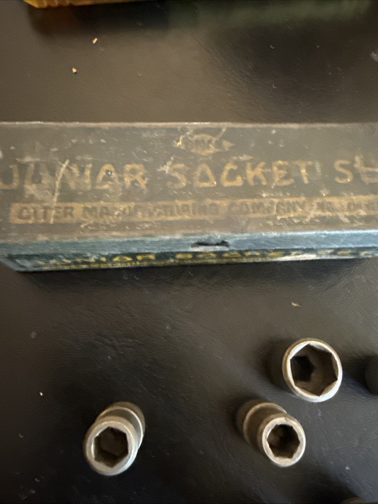 Vintage Small Green Metal Tool Box Assorted Sockets Collector