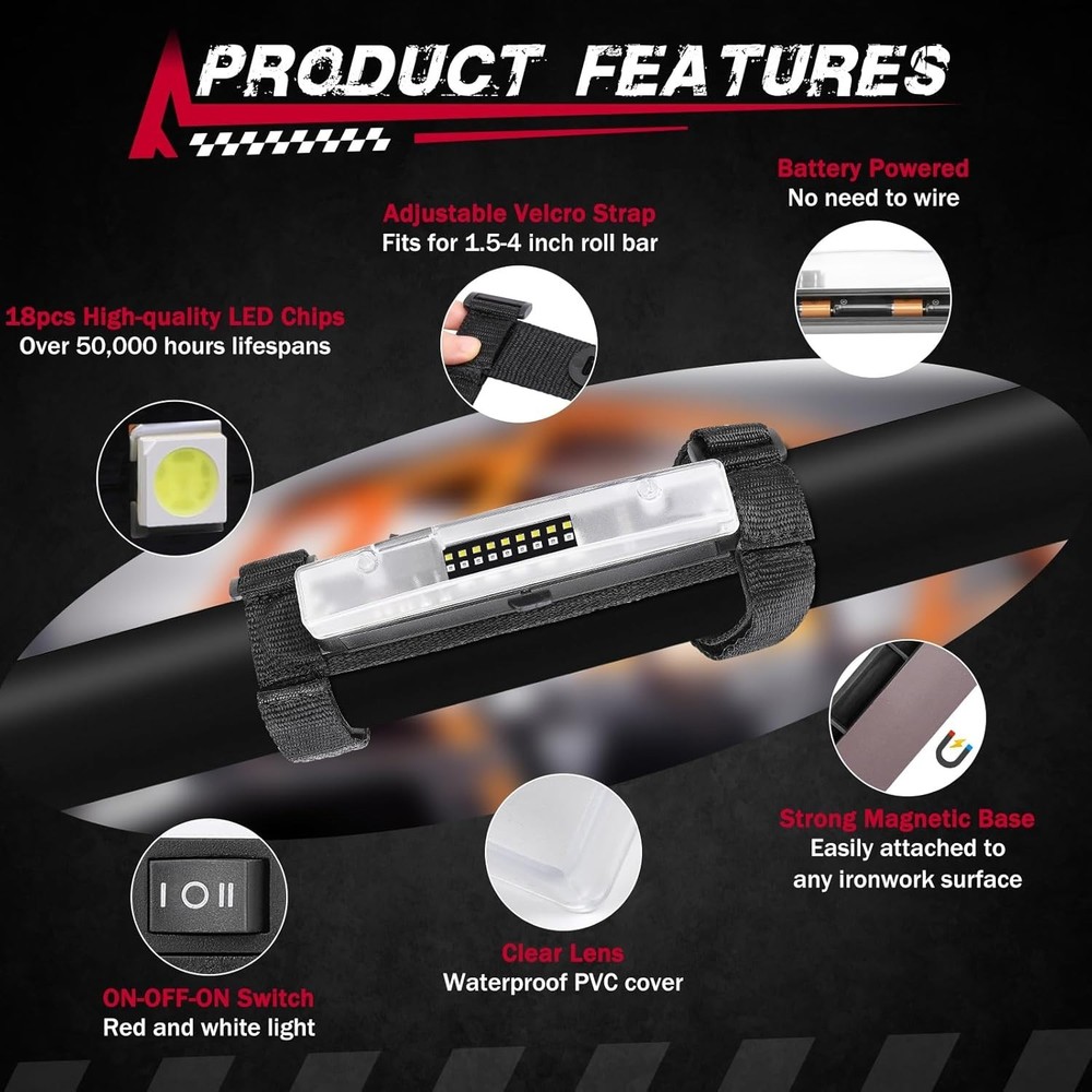 Dome Light, Roll Bar Light Interior Dome Lights Battery Powered Red and White
