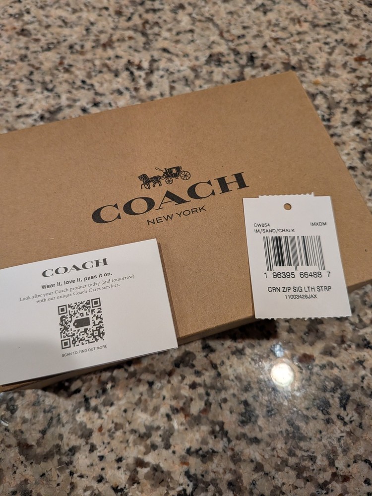 Coach Corner Zip Wristlet Wallet w/ Strap, Logo Pattern, Beige/White