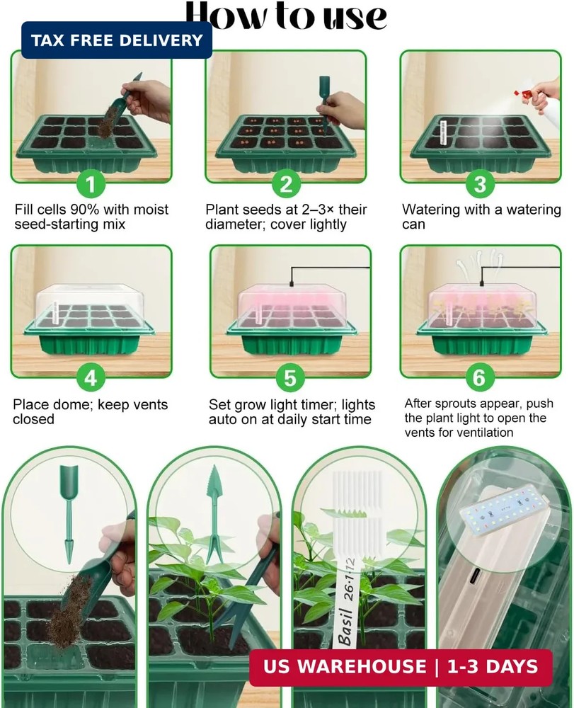 Seed Starter Tray with Grow Light (4x 24-LED), 4 Pack 48-Cell Seed Starter Kit w