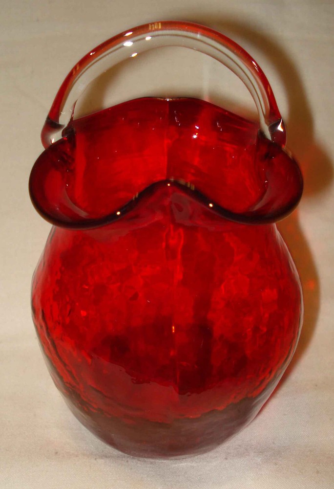 Vintage Hand Blown Ruby Red Glass Wavy Ruffled Applied Crystal Handle Basket