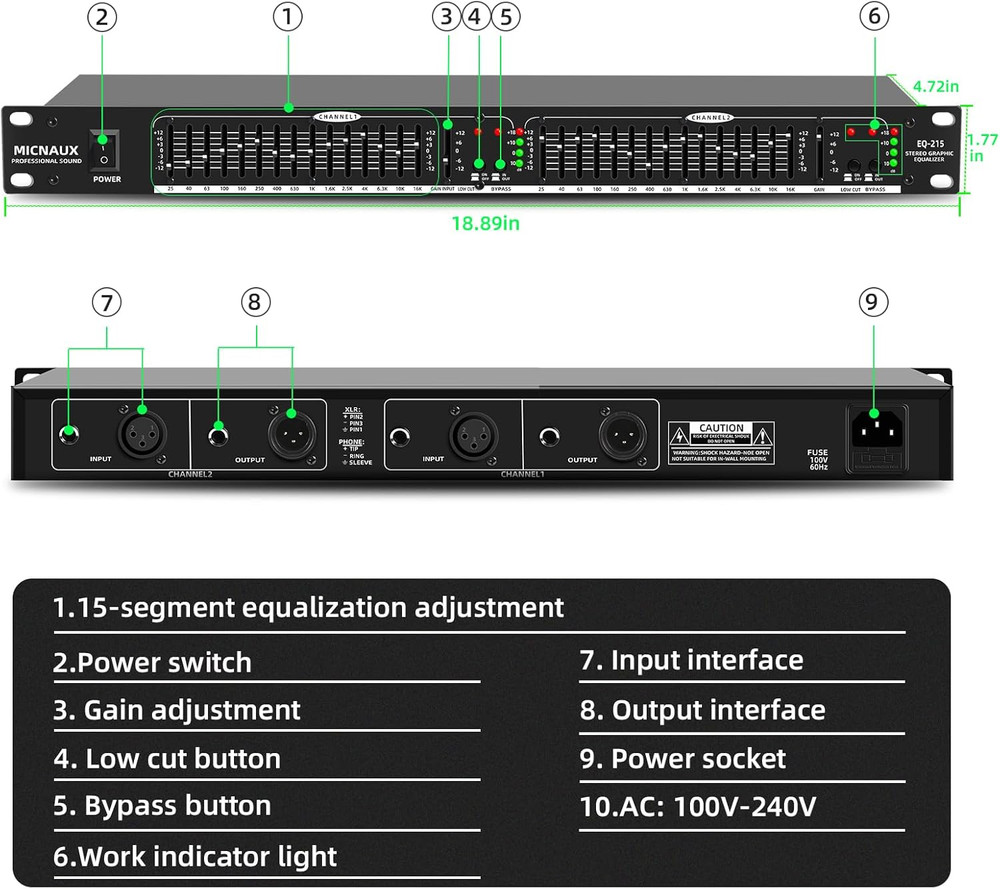 Stereo Equalizer for Home Audio System, Dual Channel 15-Band Graphic Equalizer P