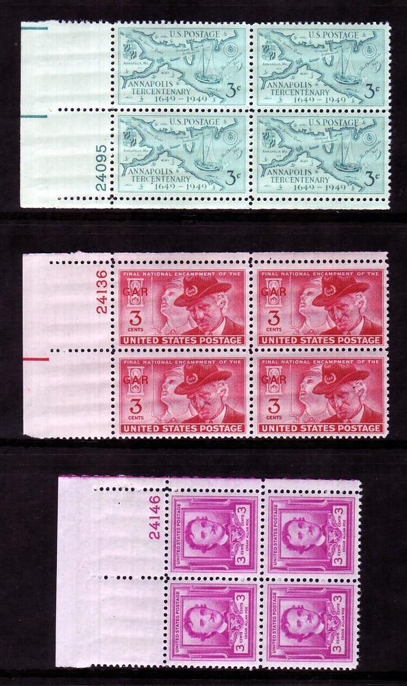 1949 COMMEMORATIVE PLATE BLOCK YEAR SET. (6) DIFFERENT. SCV $6