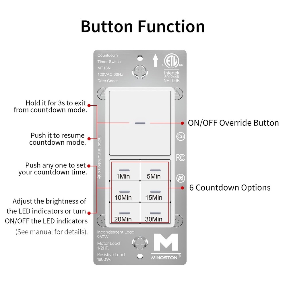 Minoston Countdown Timer Switch with Dimmable Indicator, 30 Min Wall Bath Fan...