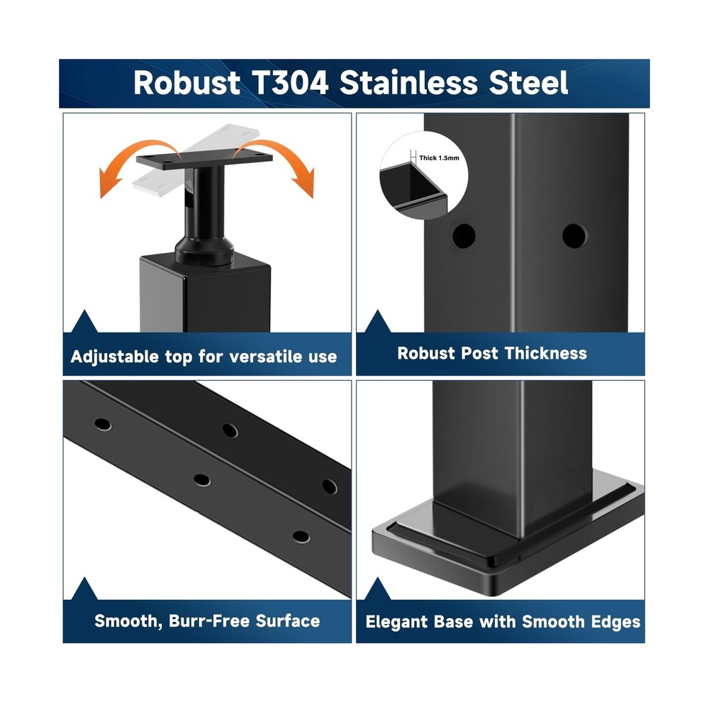 42" One-Stop Cable Railing Post Kit - 4 Adjustable Top Level Drilled Line Pos...