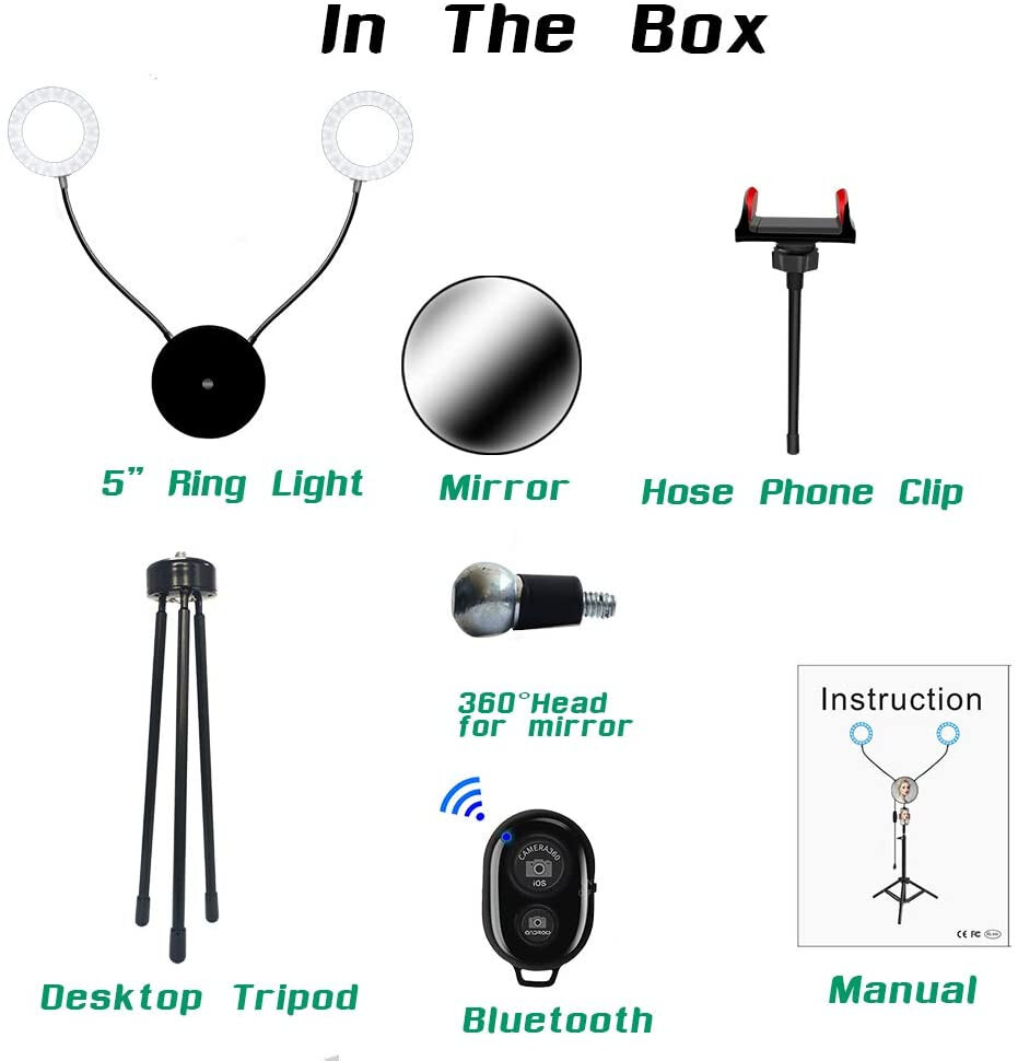 Double 5 inch Ring Light with Mirror, Phone Holder