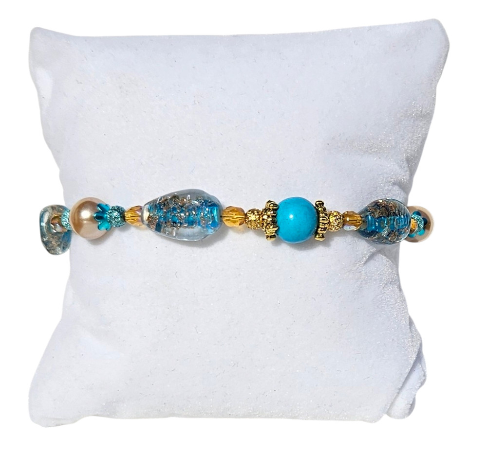 Blue and Gold Lampwork, Magnesite, Pearl Set