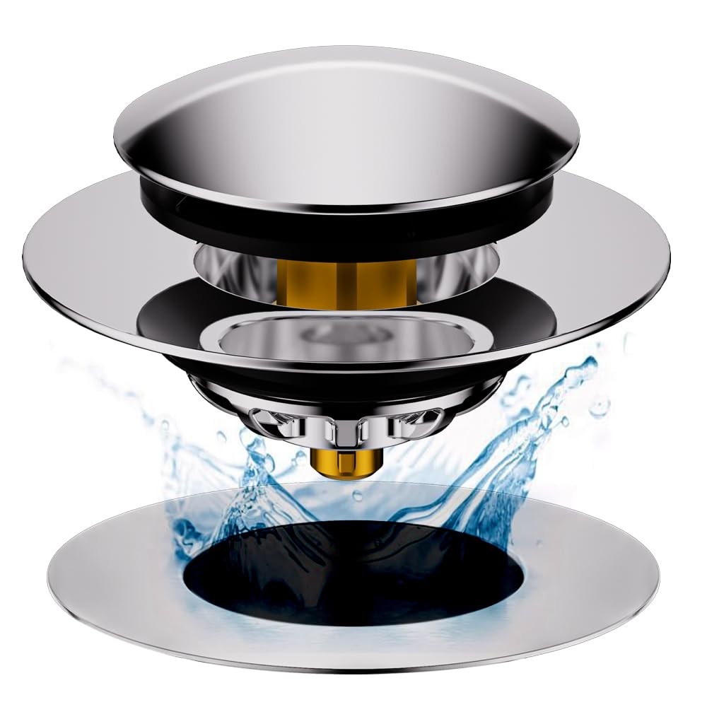 HAOMIAO Universal Pop-Up Bathtub Stopper with Clog-Proof Strainer, Silver