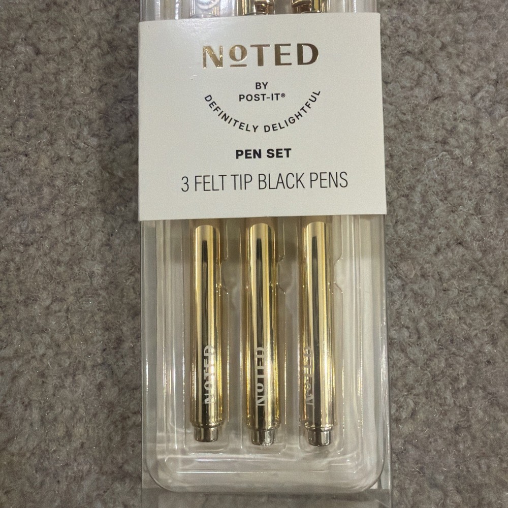 Noted By Post-it 3 Black Felt Tip Pens Gold Barrel