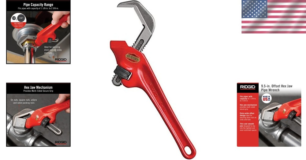 E-110 Offset Hex Pipe Wrench, 9.5", Red