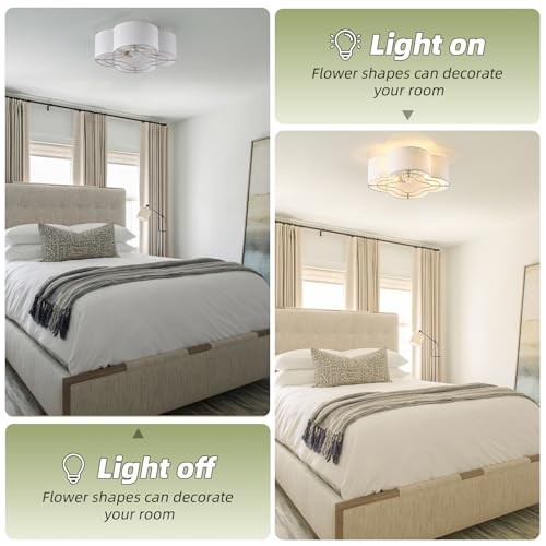 Caged Ceiling Fan with Light, Boho Flush Mount Ceiling Fan with Lights White